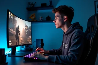 Joueur de CS2 concentré devant son écran affichant un classement de rang et des statistiques MMR dans une configuration gaming réaliste