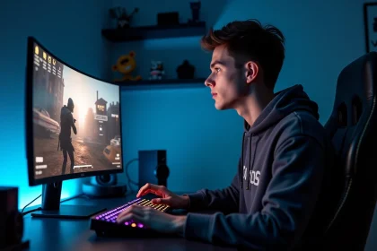Joueur de CS2 concentré devant son écran affichant un classement de rang et des statistiques MMR dans une configuration gaming réaliste