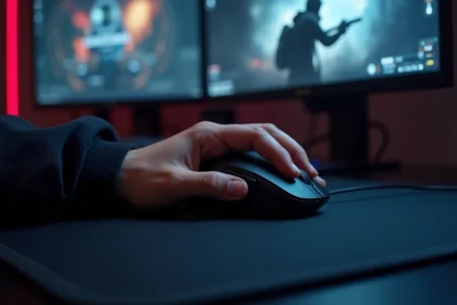 Joueur FPS tenant une souris gaming sans fil sur un bureau gaming avec écrans et clavier mécanique