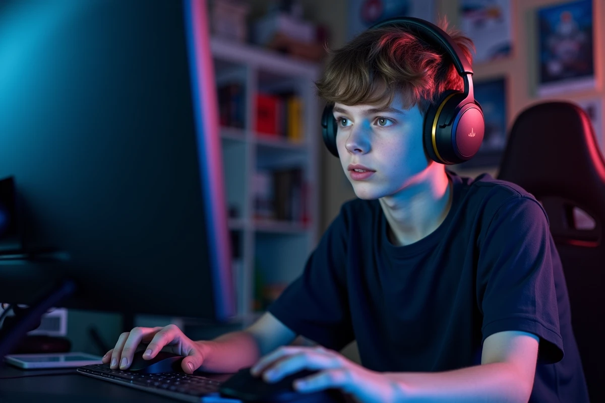 Jeune joueur utilisant une souris MMO compacte adaptée aux petites mains dans une chambre gaming