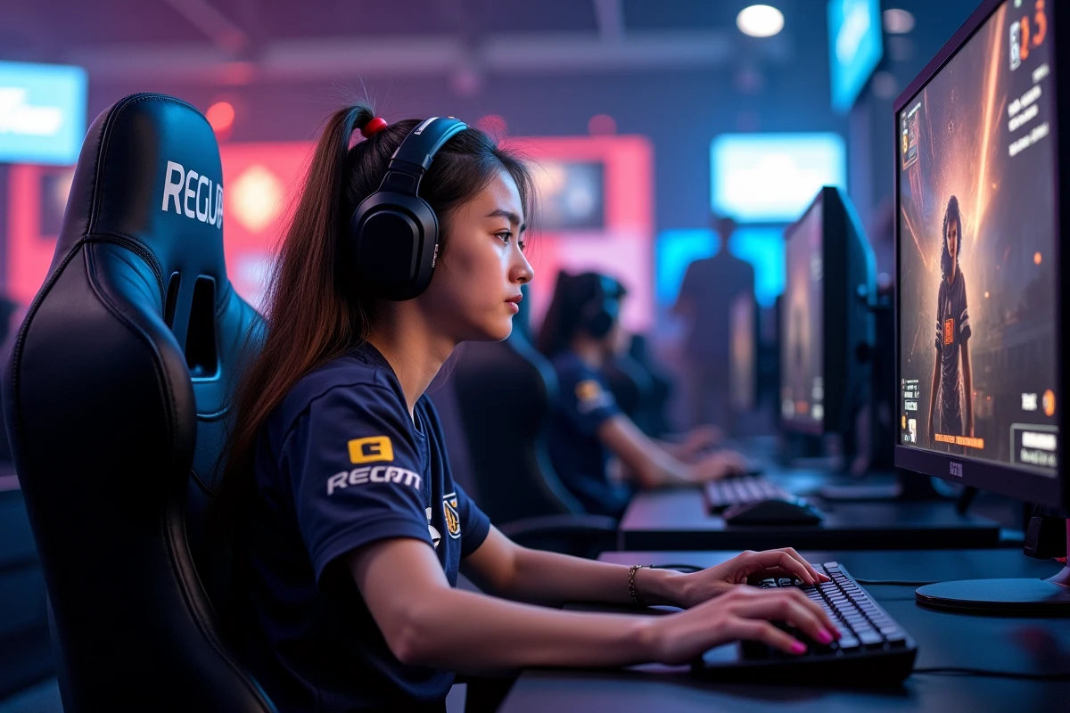 Joueuse professionnelle de FPS en compétition esport utilisant une souris gaming sans fil sur scène LAN