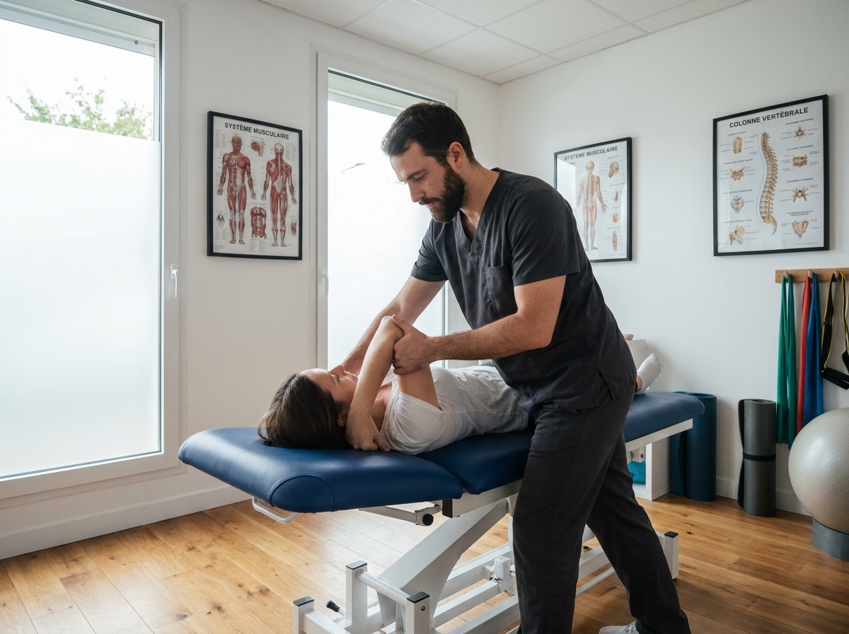 Kinésithérapeute accompagnant un patient en séance de rééducation dans un cabinet paramédical à Béthune