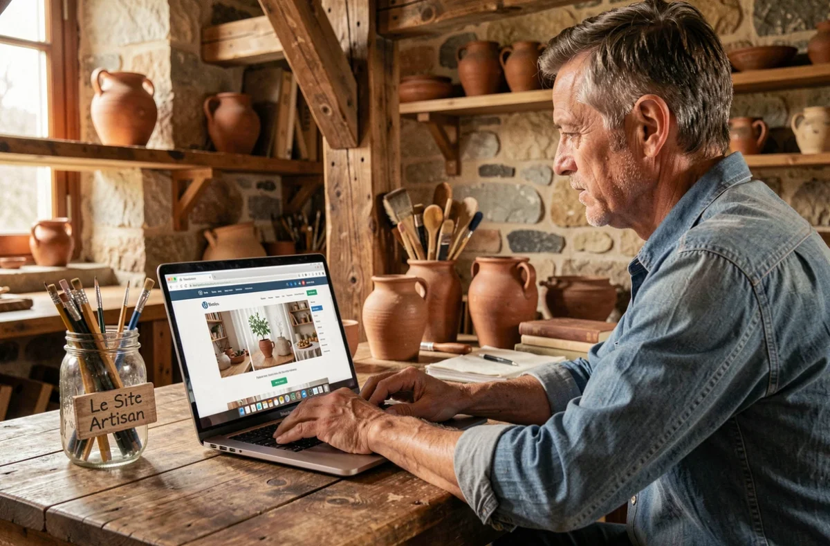 Développeur WordPress de Le Site Artisan dans la Sarthe travaillant sur un site artisanal depuis un studio chaleureux au style atelier