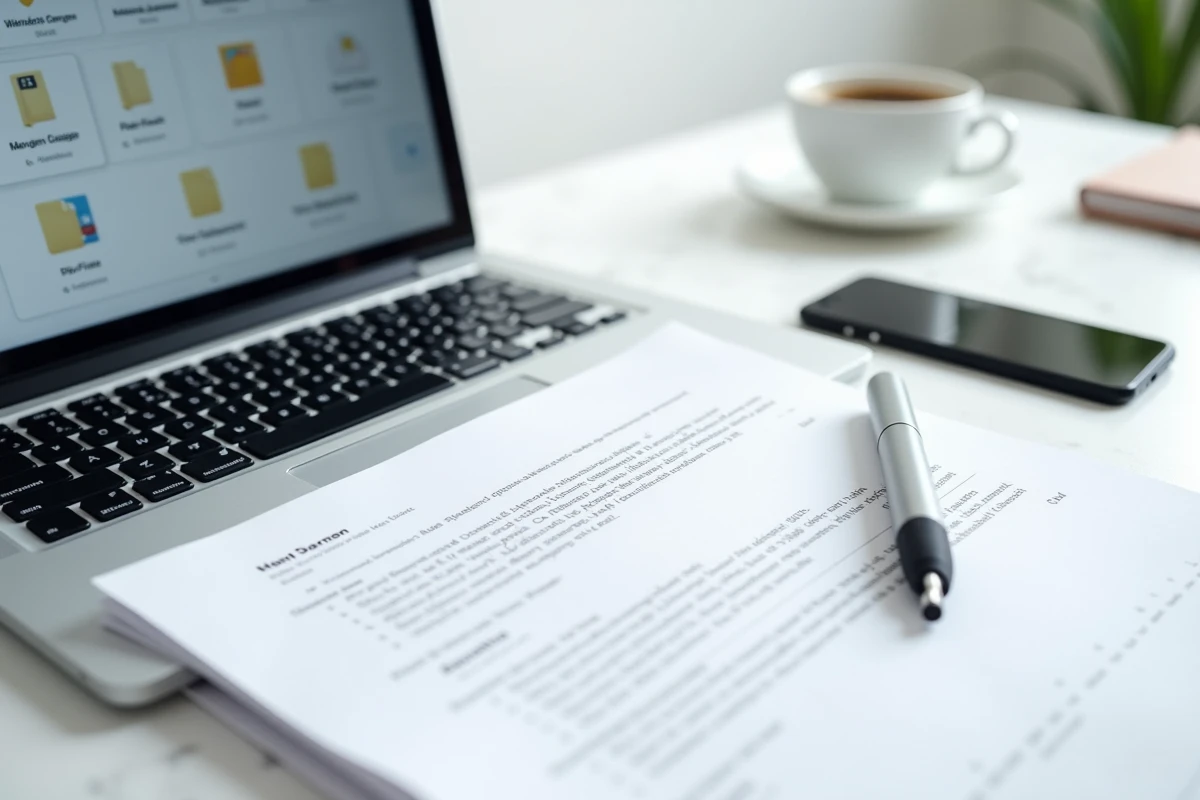 Vue aérienne d'un écran d'ordinateur portable affichant un logiciel de gestion de fichiers avec des dossiers classés à côté d'un document scanné sur un bureau blanc