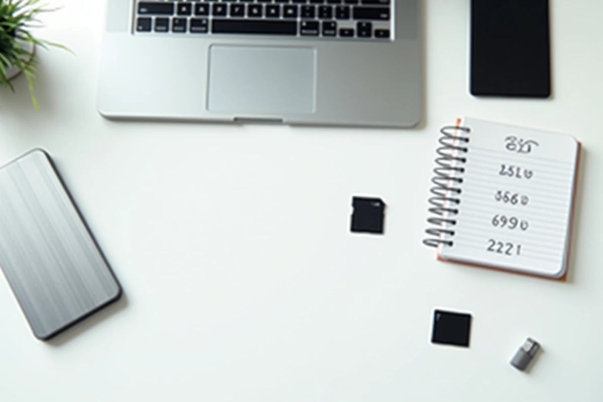 Carte SD, SSD portable et ordinateur portable disposés sur un bureau blanc pour illustrer les unités de stockage numérique