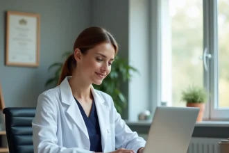 Médecin généraliste dans son cabinet médical à Béthune, assise à son bureau et consultant un dossier patient sur ordinateur