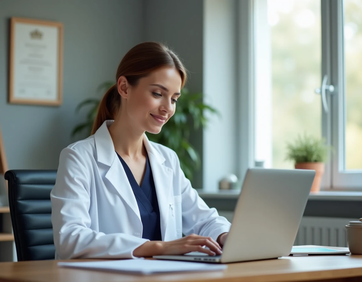 Médecin généraliste dans son cabinet médical à Béthune, assise à son bureau et consultant un dossier patient sur ordinateur