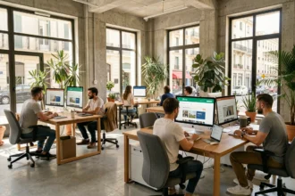 Vue d'ensemble d'une agence digitale moderne à Marseille avec des professionnels travaillant sur des boutiques Shopify dans un espace de travail collaboratif