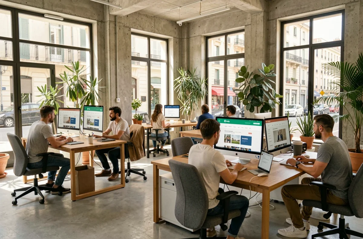 Vue d'ensemble d'une agence digitale moderne à Marseille avec des professionnels travaillant sur des boutiques Shopify dans un espace de travail collaboratif
