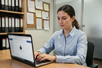 Femme consultant sa messagerie académique Webmel sur un ordinateur portable dans un bureau universitaire