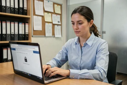 Femme consultant sa messagerie académique Webmel sur un ordinateur portable dans un bureau universitaire