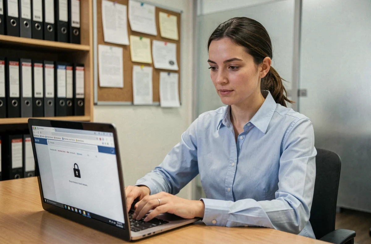 Femme consultant sa messagerie académique Webmel sur un ordinateur portable dans un bureau universitaire