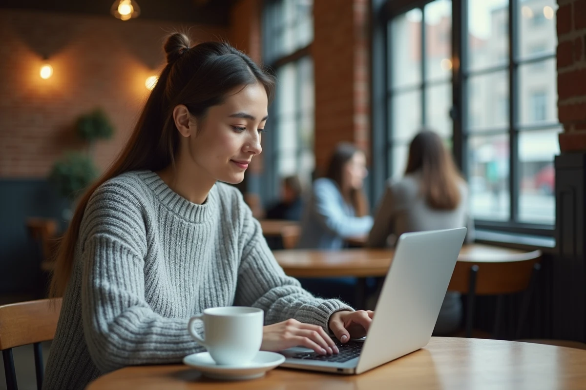Employée du CHU Reims consultant sa messagerie Zimbra à distance depuis un café en utilisant une connexion sécurisée