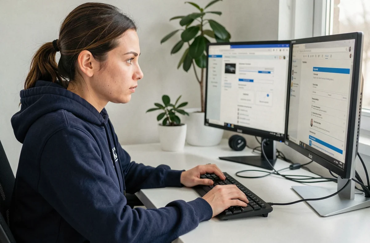 Femme mettant à jour les pilotes de son PC sur un écran double moniteur pour éviter les plantages système
