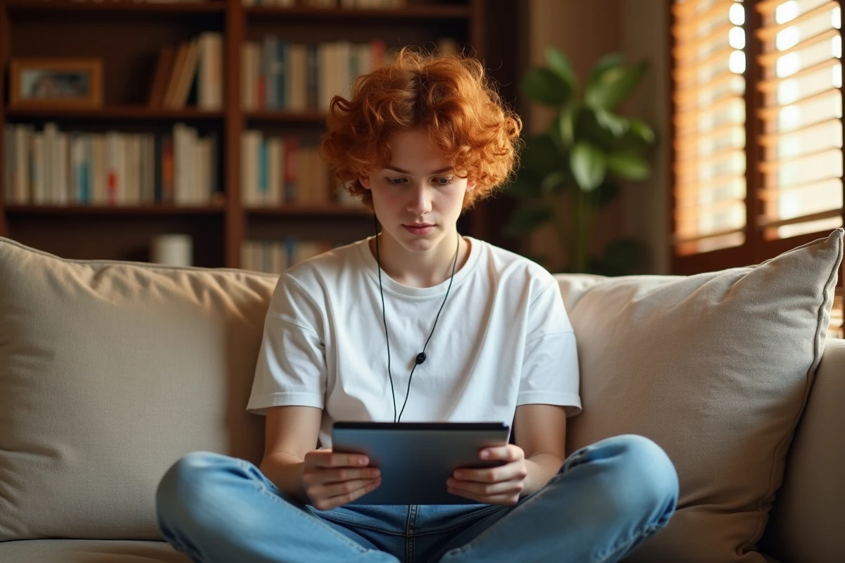 Adolescent consultant un navigateur web sans publicité sur tablette dans un salon confortable
