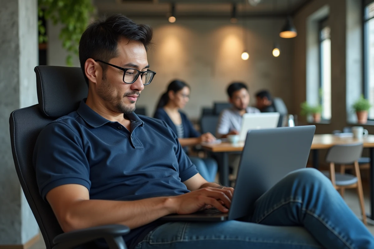 Homme utilisant un navigateur sans pub sur laptop dans un espace de coworking moderne