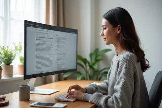 Jeune femme naviguant sur un navigateur web sans publicité depuis un bureau minimaliste à domicile