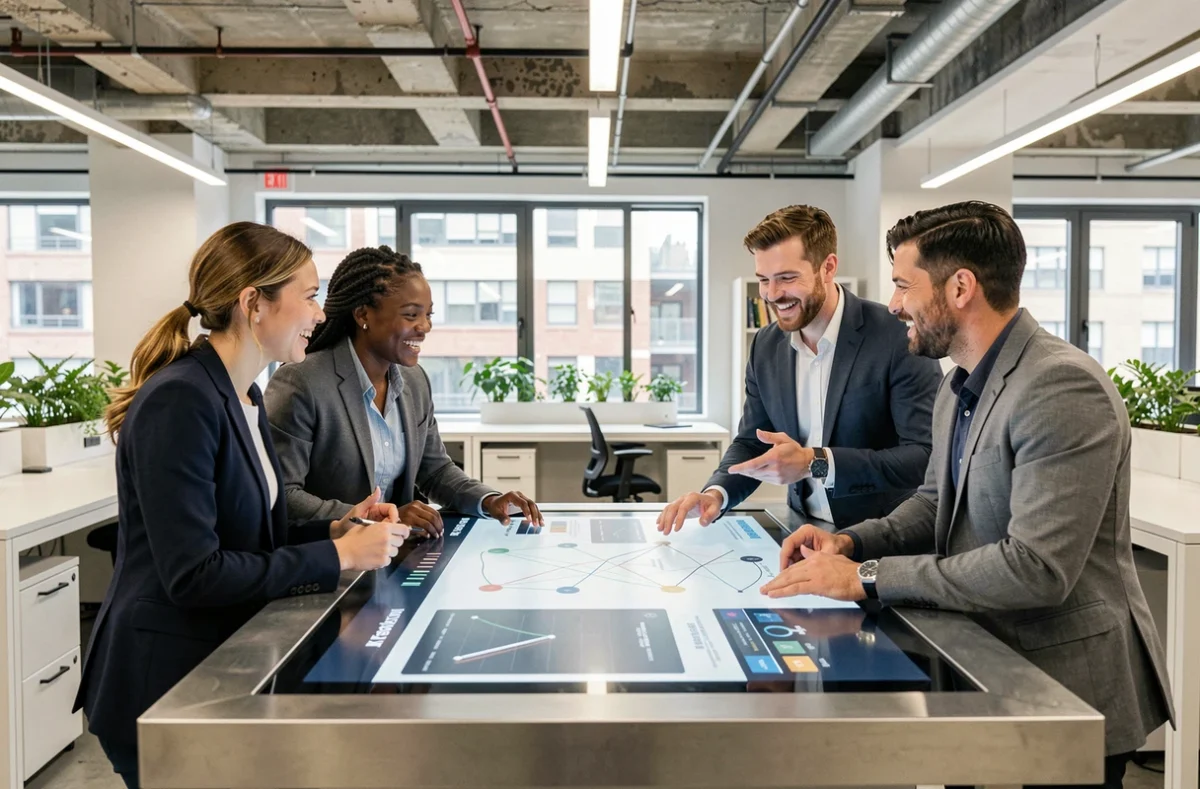 Équipe de Netech Corp collaborant autour d'un écran interactif pour planifier les innovations technologiques de 2026