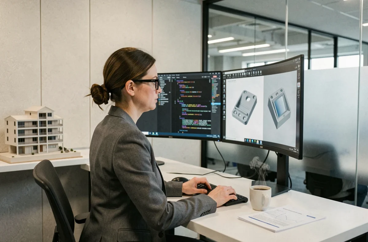 Ingénieure de Netech Corp travaillant sur des projets technologiques innovants dans un bureau moderne en 2026