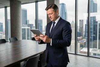 Dirigeant de Netech Corp analysant la stratégie d'entreprise 2026 dans une salle de réunion moderne avec vue sur la ville
