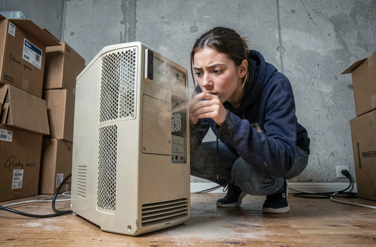 Femme nettoyant la poussière d'un vieux PC de bureau pour améliorer ses performances sous Windows 7