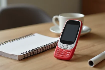 Nokia blanc et rouge posé sur un bureau en bois avec un carnet et une tasse, vue en plongée style test produit 2026