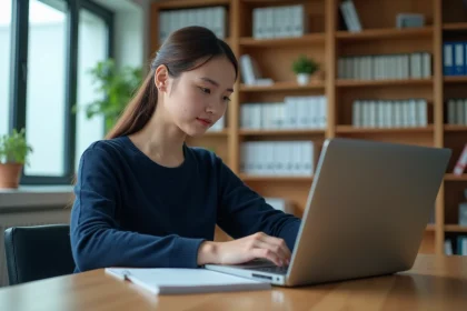Jeune femme consultant le webmail de l'Académie de Montpellier sur un ordinateur portable dans un bureau universitaire