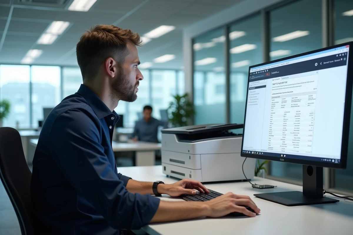 Homme consultant un document numérisé sur un grand écran d'ordinateur avec une imprimante multifonction dans un bureau professionnel moderne