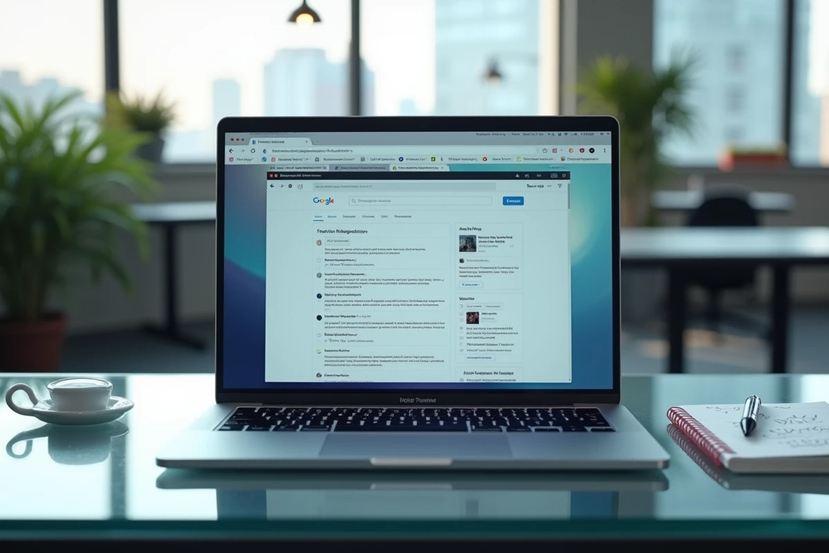 Ordinateur portable ouvert sur un bureau de coworking affichant des recherches d'alternatives à Picuki pour accéder aux profils Instagram
