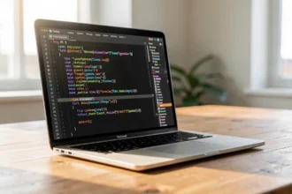 Ordinateur portable affichant un éditeur de code HTML sur un bureau