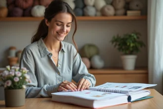 Femme organisant des patrons de tricot et crochet dans des classeurs colorés sur un bureau en bois rangé
