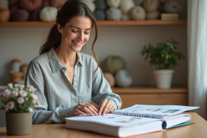 Femme organisant des patrons de tricot et crochet dans des classeurs colorés sur un bureau en bois rangé