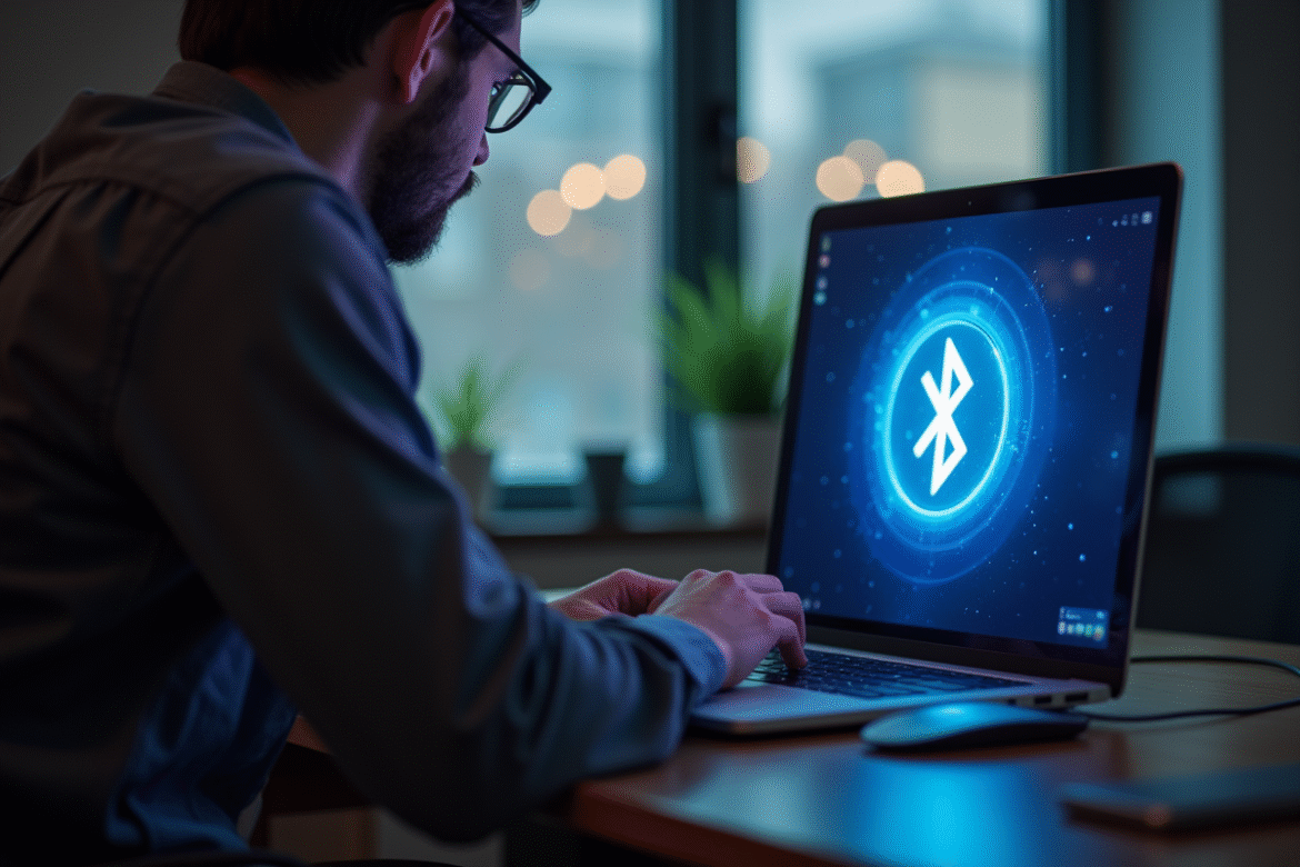 Personne travaillant sur un ordinateur avec icone Bluetooth lumineuse