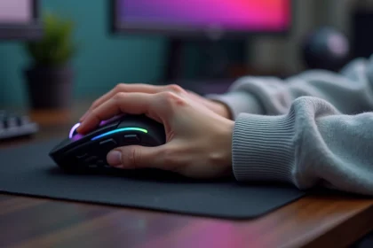 Petite main de femme posée confortablement sur une souris MMO compacte et ergonomique sur un bureau gaming