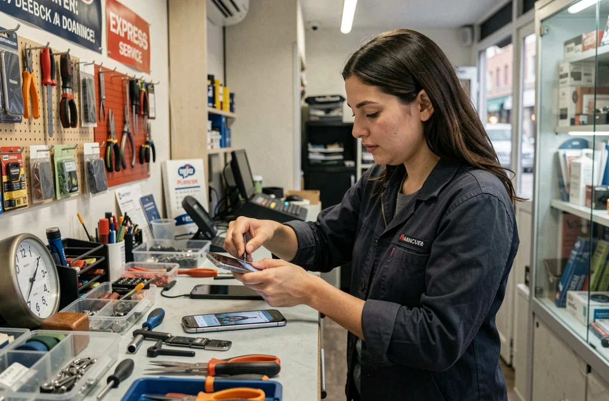 Technicienne de Phone Express effectuant une réparation rapide de téléphone à Nancy