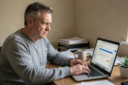 Homme frustré devant son ordinateur portable avec une erreur de messagerie Wanadoo affichée à l'écran dans un bureau à domicile