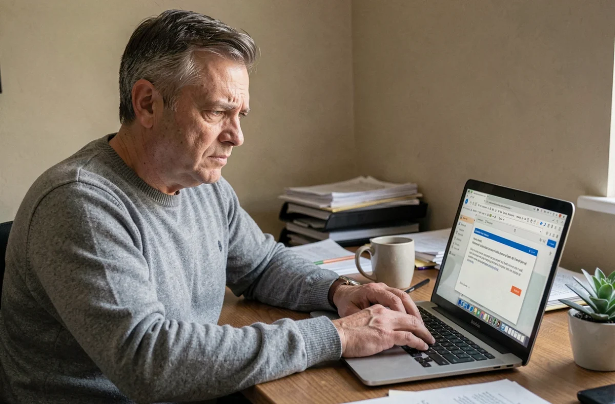 Homme frustré devant son ordinateur portable avec une erreur de messagerie Wanadoo affichée à l'écran dans un bureau à domicile