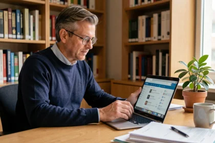 Professeur universitaire consultant son webmail académique sur un ordinateur portable dans son bureau