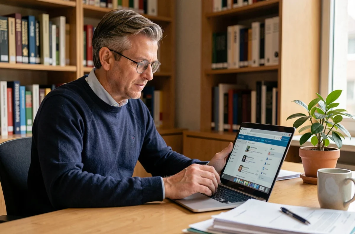 Professeur universitaire consultant son webmail académique sur un ordinateur portable dans son bureau