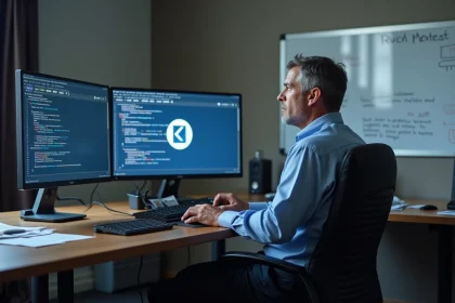 Homme IT concentré devant ses écrans en migration Silverlight