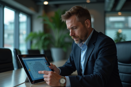 Homme IT en costume examine un diagramme digital