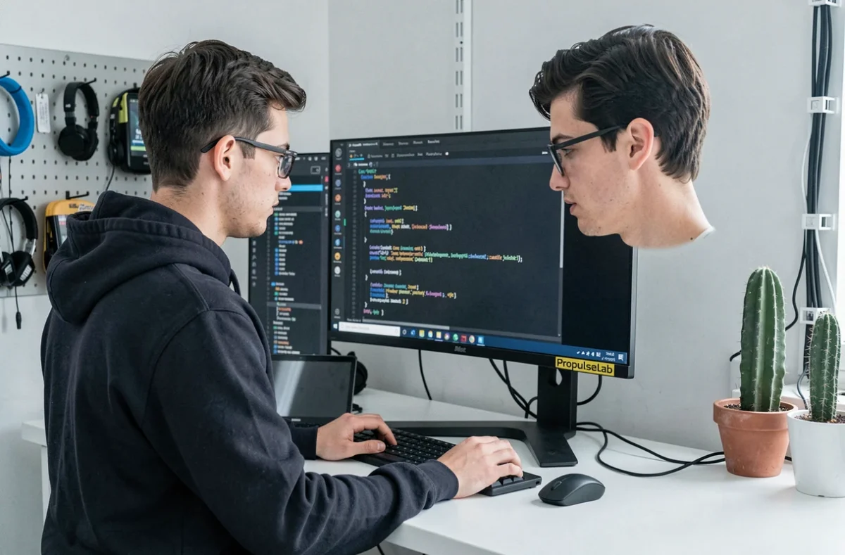 Développeur de PropulseLab, agence WordPress de la Sarthe, codant un plugin WordPress depuis son poste de travail minimaliste