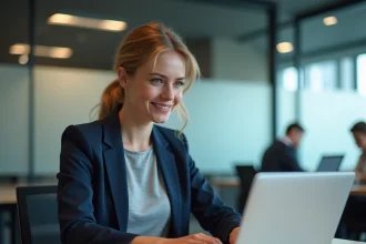 Femme en bureau consultant un éditeur de texte en ligne avec une interface de protection des données visible sur l'écran de son ordinateur portable