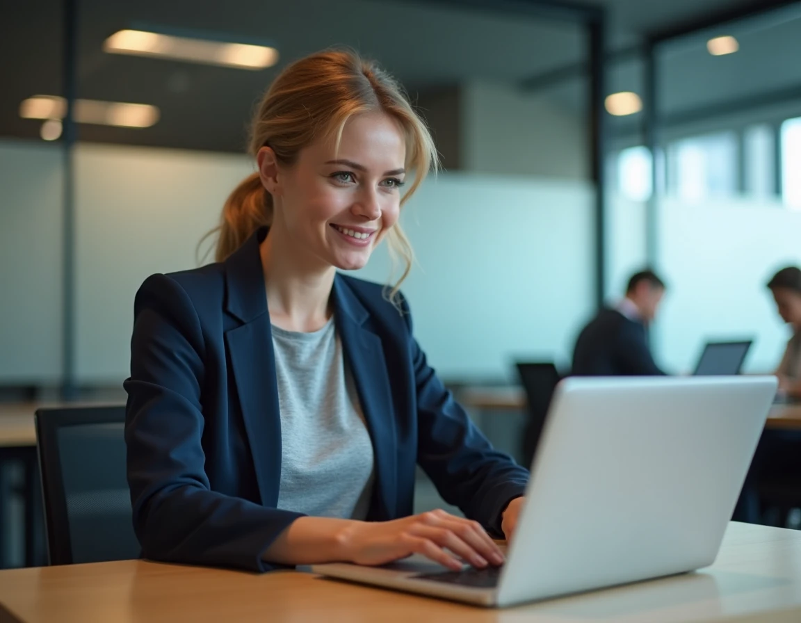Femme en bureau consultant un éditeur de texte en ligne avec une interface de protection des données visible sur l'écran de son ordinateur portable
