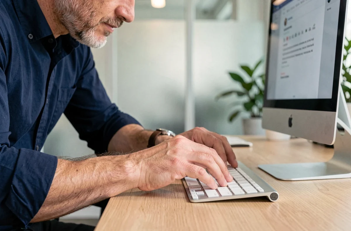 Homme appuyant sur les touches Commande et Q d'un clavier Apple Magic Keyboard pour quitter une application sur iMac