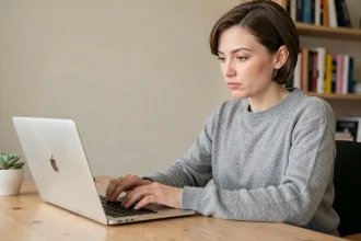 Femme utilisant un raccourci clavier sur un MacBook Pro pour fermer une application dans un bureau à domicile