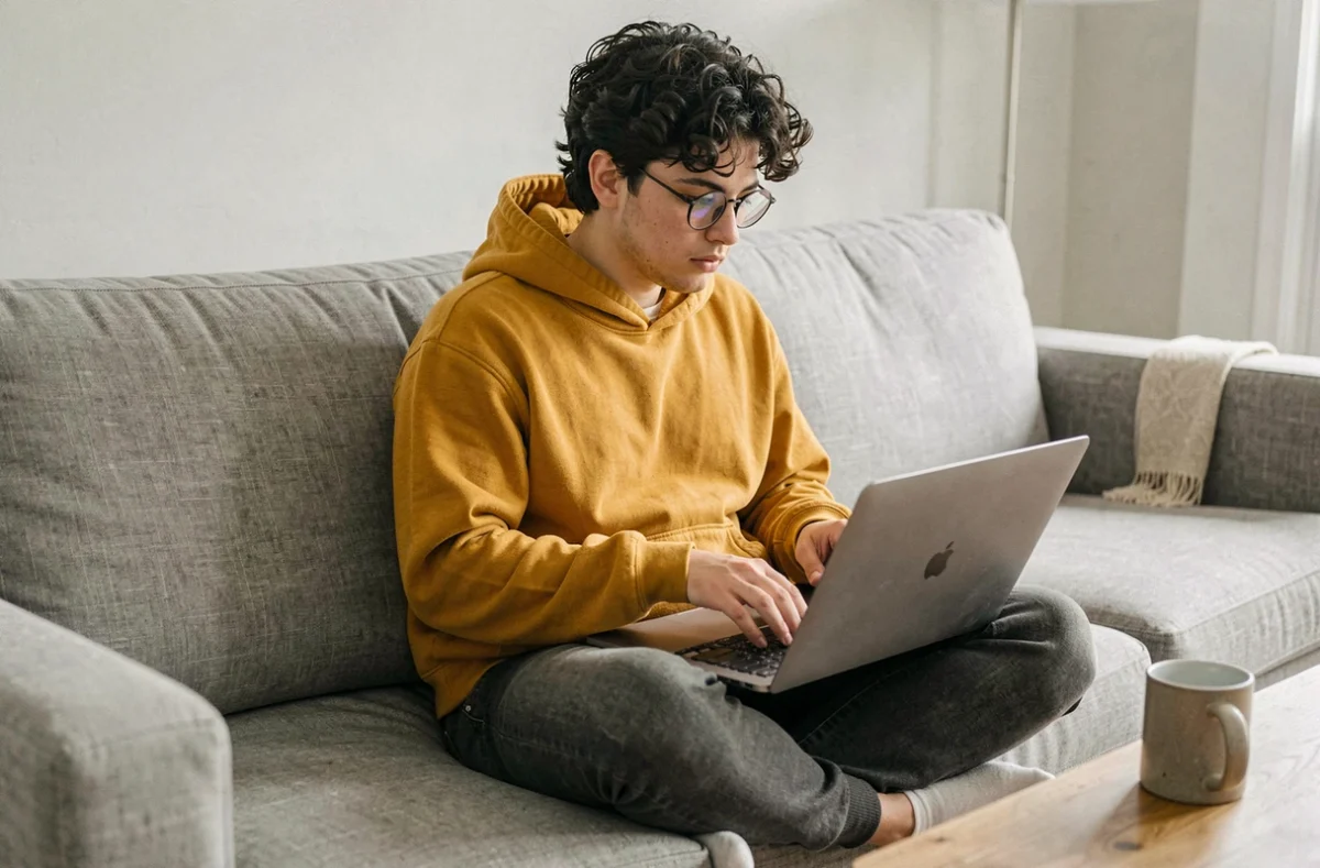 Jeune personne utilisant un raccourci clavier sur un MacBook Air posé sur les genoux dans un salon confortable