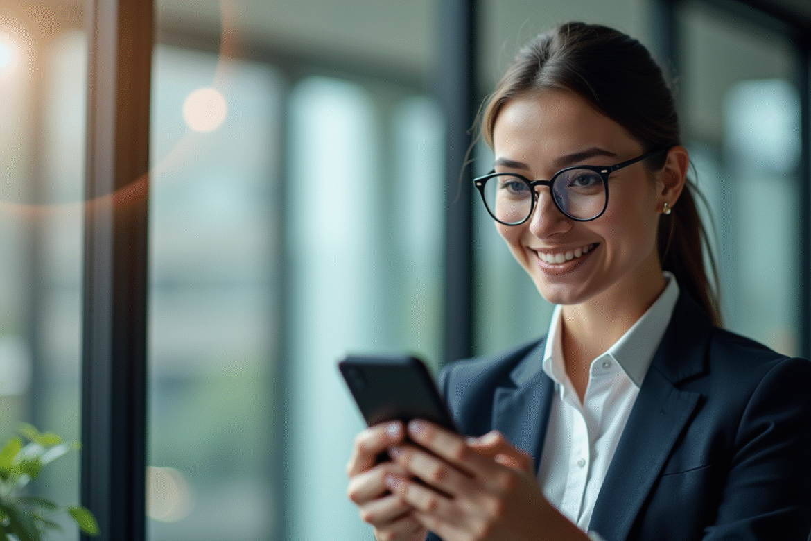 Jeune professionnel utilisant la reconnaissance faciale sur smartphone