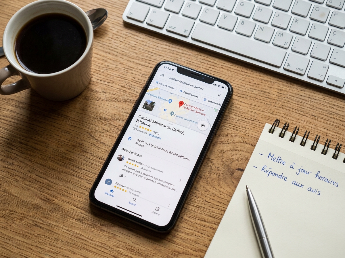 Smartphone affichant une fiche Google Maps d'un cabinet médical à Béthune avec avis patients et référencement local