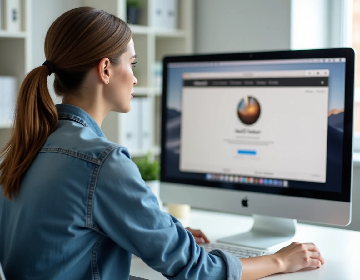 Femme suivant le processus de réinstallation de macOS sur un iMac via une clé USB d'installation